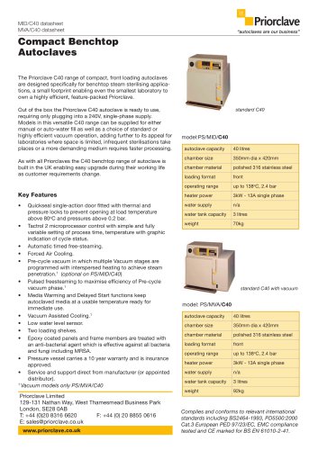 Benchtop 40L Priorclave Datasheet