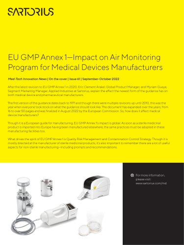 EU GMP Annex 1—Impact on Air Monitoring  Program for Medical Devices Manufacturers