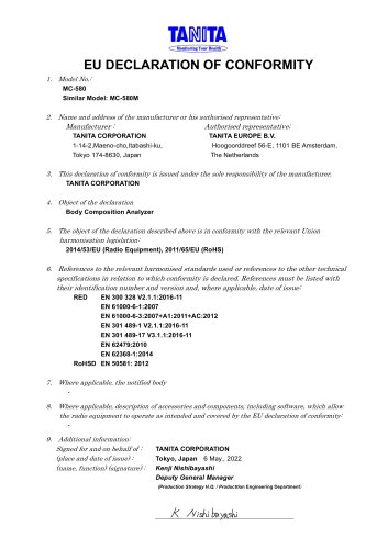 EU DECLARATION OF CONFORMITY Model No.:  MC-580 Similar Model: MC-580M
