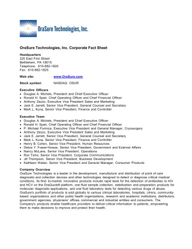 OraSure  Technologies,  Inc.  Corporate  Fact  Sheet