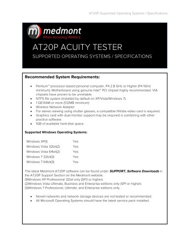 AT20P ACUITY TESTER SUPPORTED OPERATING SYSTEMS / SPECIFICATIONS