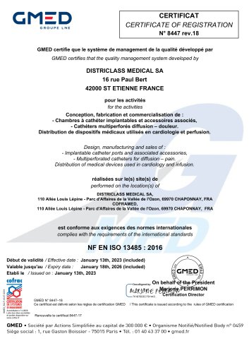 Certificate of registration NF EN ISO 13485 : 2016 N°8447 rev.18