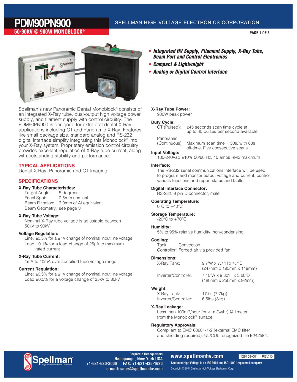 PDM90PN900 Series Monoblock&reg; X-Ray Generators - Spellman High Voltage Electronics